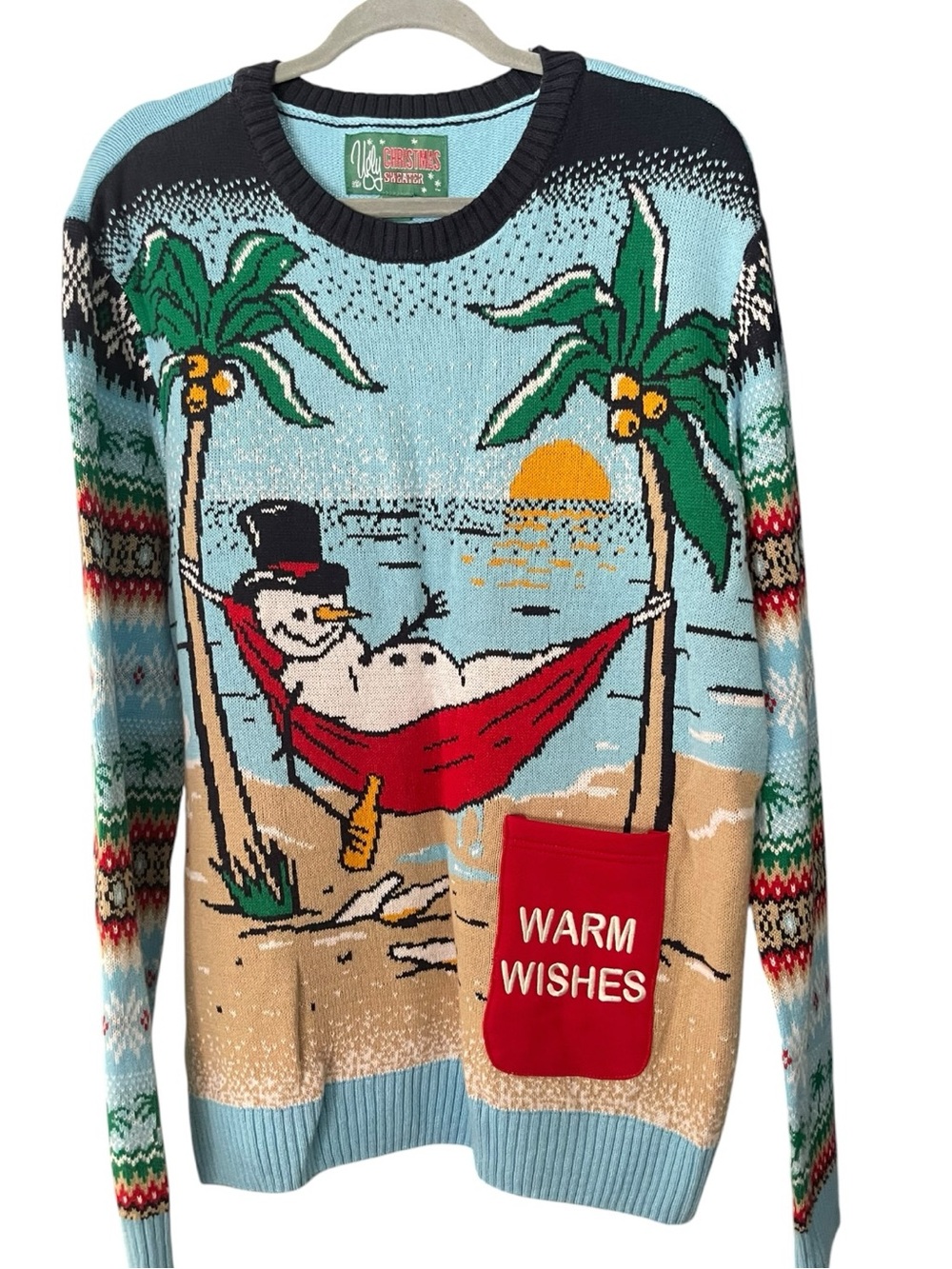 Ugly Christmas Sweater L Tropical Snowman Palm Tree Warm Wishes Holiday